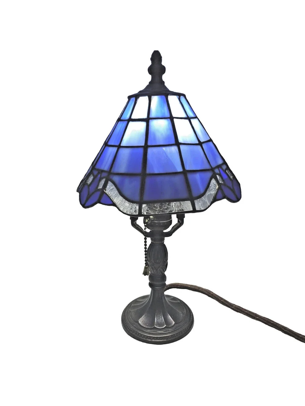 Tiffany Style Leaded Stained Dome Glass Lamp Blue 13 Inches Tall